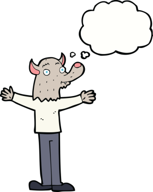 Bir insan tarafından çizilmiş düşünce baloncuğu olan karikatür dostu kurt adam.