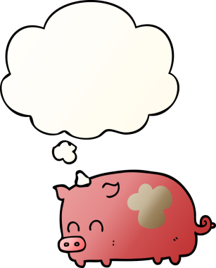 Düşünce baloncuğu olan sevimli çizgi film domuzu bir insan tarafından çizilmiş.