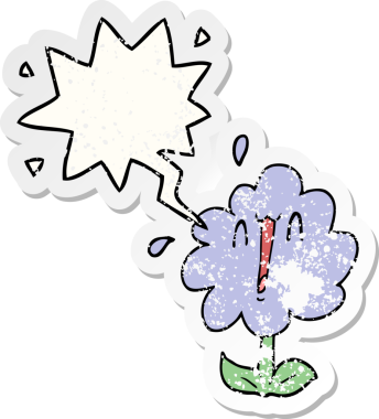 Konuşma baloncuğu olan karikatür çiçeği bir insan tarafından çizilmiş sıkıntılı eski bir çıkartma