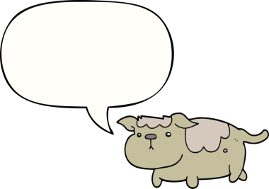 Bir insan tarafından çizilmiş konuşma balonu olan çizgi film köpeği.