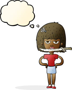 Bir insan tarafından çizilmiş düşünce baloncuğuyla dişlerinin arasında bıçak taşıyan çizgi film kadını.