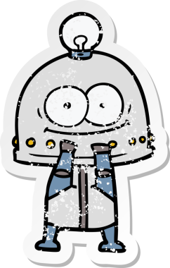 Bir insan tarafından çizilmiş ampullü mutlu bir robot çıkartması.