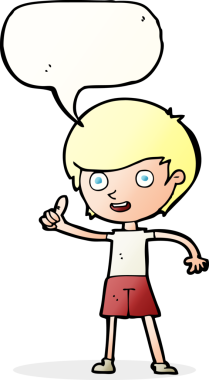 Çizgi filmci çocuk, bir insan tarafından çizilmiş konuşma balonuyla baş parmak işareti veriyor.