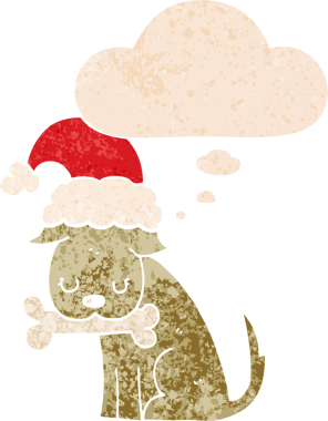 Düşünce baloncuğu olan sevimli bir noel köpeği. Bir insan tarafından çizilmiş dertli eski moda bir resim.