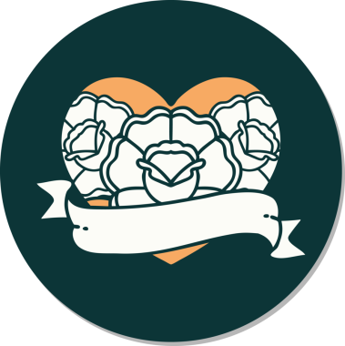 Geleneksel kalp stili dövme çıkartması ve bir insan tarafından çizilmiş çiçekli pankart.