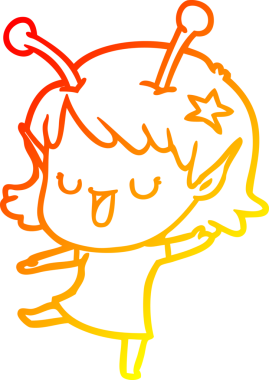 Bir insan tarafından çizilmiş mutlu bir uzaylı kız çizgi filmi.