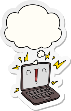 İnsan tarafından çizilmiş bir çıkartma olarak düşünce baloncuklu dizüstü bilgisayar.