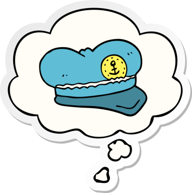 İnsan tarafından çizilmiş bir çıkartma olarak düşünce baloncuklu çizgi film denizci şapkası.