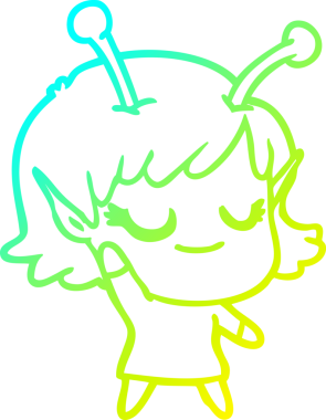 Bir insan tarafından çizilmiş gülümseyen uzaylı kız çizgi filmi.