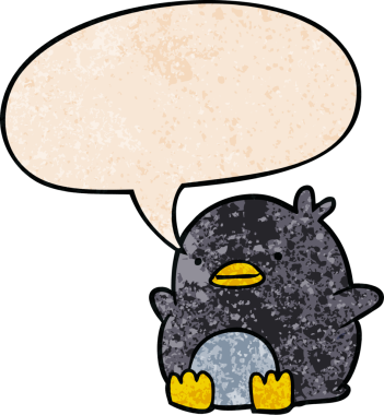 Bir insan tarafından çizilmiş, geçmişe dönük konuşma baloncuğu olan sevimli penguen çizgi filmi.