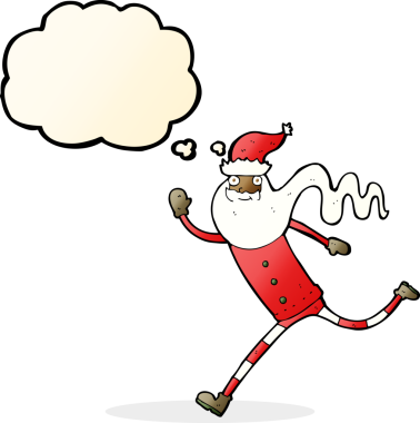 Bir insan tarafından çizilmiş düşünce baloncuğu ile Noel Baba 'yı çalıştıran çizgi film