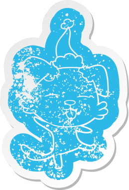 Bir insan tarafından çizilmiş Noel Baba şapkası giymiş dans eden bir köpeğin garip karikatürü.