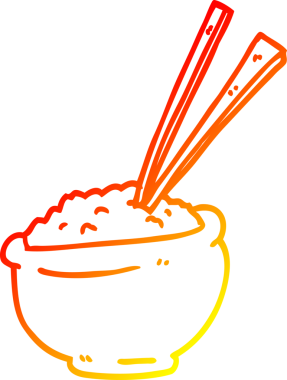 Bir insan tarafından çizilmiş yemek çubuklarıyla bir kase pirincin sıcak çizgi çizimi