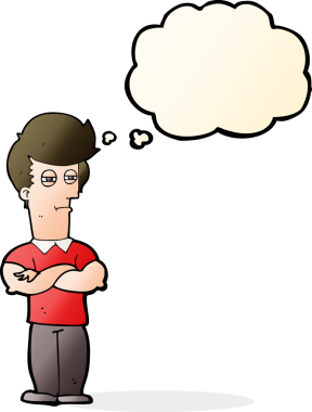 Bir insan tarafından çizilmiş düşünce balonlu kolları katlanmış çizgi film adamı.