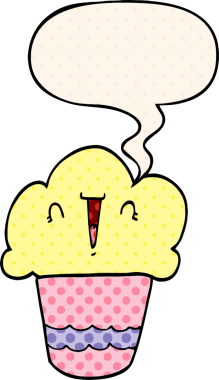 Bir insan tarafından çizilmiş, yüzünde konuşma balonu olan çizgi roman tarzı bir kek.