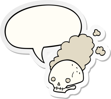 Bir insan tarafından çizilmiş konuşma balonu çıkartmalı tozlu eski kafatası.