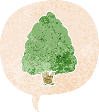 bir insan tarafından çizilmiş grunge üzgün retro biçimli konuşma kabarcığı ile çizgi film uzun ağaç