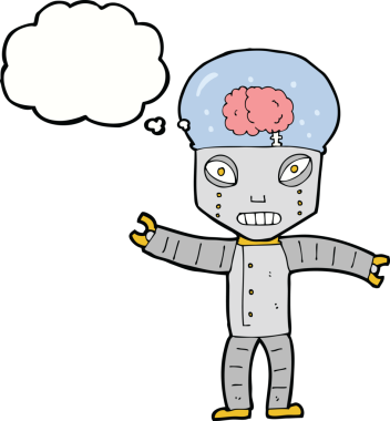 Bir insan tarafından çizilmiş düşünce baloncuklu komik robot.