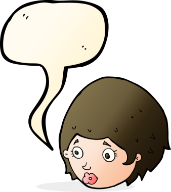 Bir insan tarafından çizilmiş konuşma baloncuğuyla ilgili endişeli ifadesi olan çizgi film kızı.