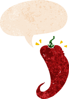 grunge 'da konuşma baloncuğu olan kırmızı biber çizgi filmi bir insan tarafından çizilmiş rahatsız edilmiş retro desen tarzı.