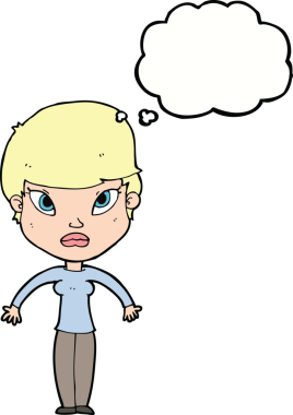 Bir insan tarafından çizilmiş düşünce baloncuğuyla omuz silken çizgi film kadını.