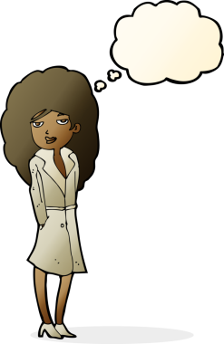 Bir insan tarafından çizilmiş düşünce balonlu kadın casus.