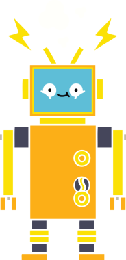 Bir insan tarafından çizilmiş arızalı bir robotun düz renk retro karikatürü