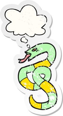 Düşünce baloncuğu olan çizgi film yılanı, insan tarafından çizilmiş, yıpranmış bir çıkartma gibi.