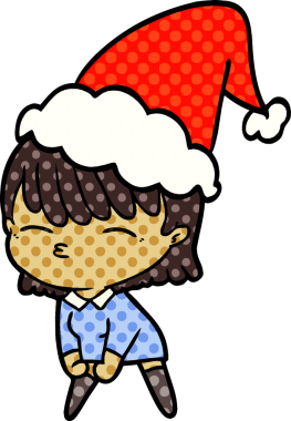 Bir insan tarafından çizilmiş Noel Baba şapkası giyen bir kadının el çizimi çizgi roman tarzı çizimi.