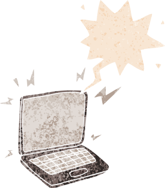 grunge içerisindeki konuşma baloncuklu çizgi film dizüstü bilgisayarı bir insan tarafından çizilmiş gerilimli retro desen tarzı