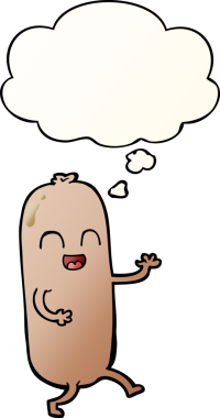 Düşünce kabarcığıyla dans eden çizgi film sosisi bir insan tarafından çizilmiş.