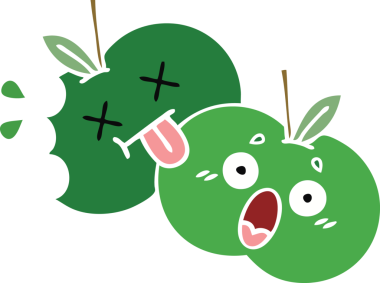 Bir insan tarafından çizilmiş elmaların düz renkli retro karikatürü