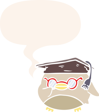 bir insan tarafından çizilmiş eski usul konuşma baloncuğu olan akıllı baykuş.