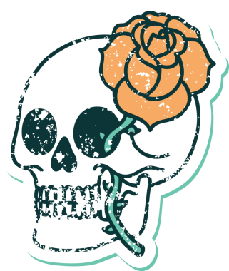 Bir insan tarafından çizilmiş kafatası ve gülün sembolik dövmeli görüntüsü.