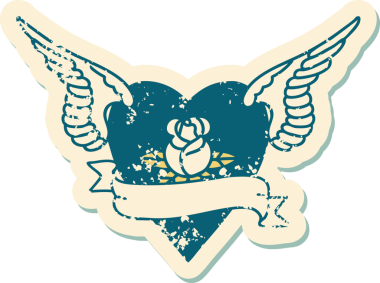 İkonik ıstıraplı dövme stili kanatlı kalp resmi bir insan tarafından çizilmiş bir gül ve bayrak.