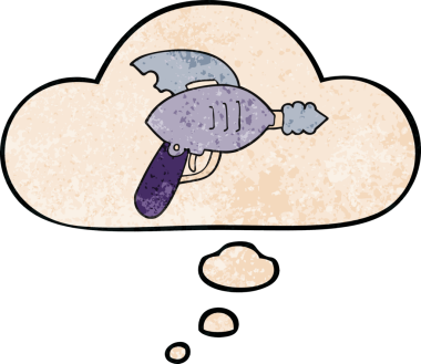 Bir insan tarafından çizilmiş grunge desenli düşünce baloncuklu çizgi film ışın tabancası.