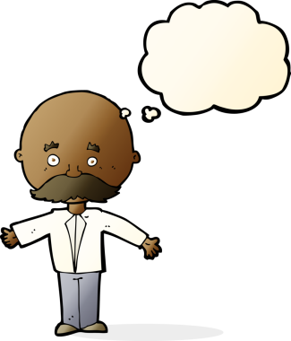 Bir insan tarafından çizilmiş düşünce baloncuklu bıyıklı çizgi film adamı.