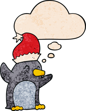 Bir insan tarafından çizilmiş grunge desenli düşünce baloncuğu olan şirin bir çizgi roman pengueni.