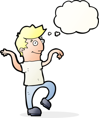 çizgi film mutlu adam bir insan tarafından çizilmiş düşünce baloncuğuyla komik dans yapıyor