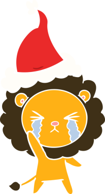 Bir insan tarafından çizilmiş Noel Baba şapkası takan ağlayan bir aslanın düz renkli çizimi.