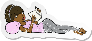 Bir insan tarafından çizilmiş kitap okuyan güzel bir kadının karikatür yapıştırması.