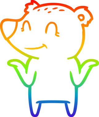 Gülümseyen bir ayının çizdiği gökkuşağı gradyanı bir insan tarafından çizilmiş omuz silkiyor.