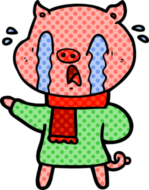 Bir insan tarafından çizilmiş insan kıyafetleri içinde ağlayan domuz çizgi filmi.