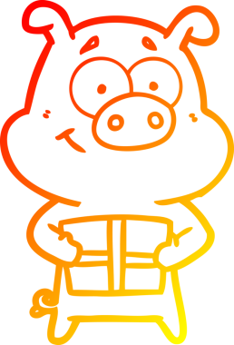 Bir insan tarafından çizilmiş Noel hediyesini elinde tutan mutlu bir domuzun sıcak çizgi çizimi