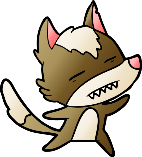 Bir insan tarafından çizilmiş dans ederken dişlerini gösteren bir kurt çizgi filmi.