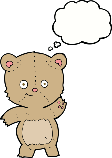 Bir insan tarafından çizilmiş düşünce balonlu oyuncak ayıyı sallayan çizgi film.