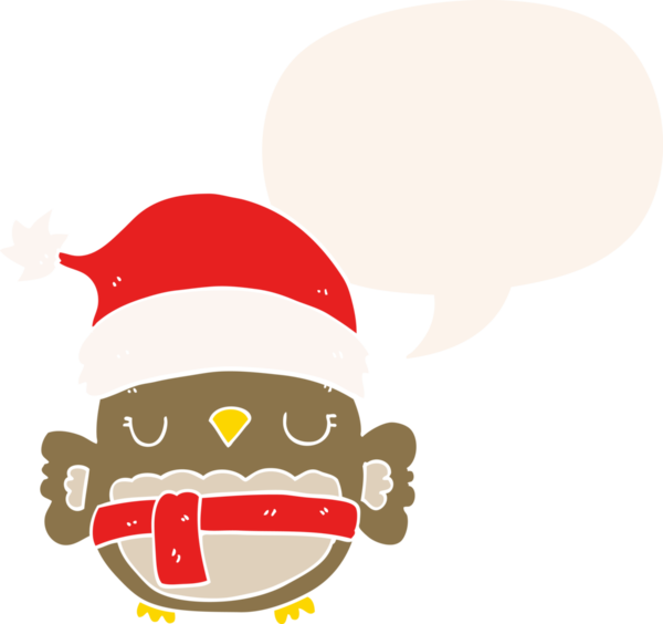 Bir insan tarafından çizilmiş konuşma baloncuğu olan sevimli noel baykuşu.