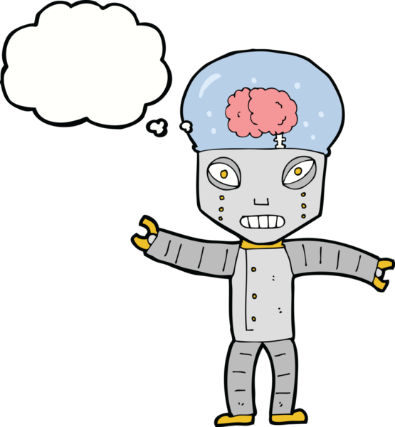 Bir insan tarafından çizilmiş düşünce baloncuklu komik robot.