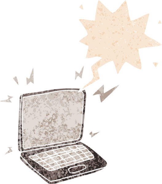 grunge içerisindeki konuşma baloncuklu çizgi film dizüstü bilgisayarı bir insan tarafından çizilmiş gerilimli retro desen tarzı