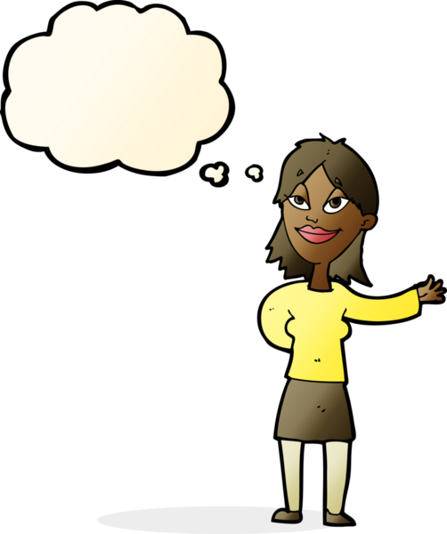 Bir insan tarafından çizilmiş düşünce baloncuğu olan bir şey göstermek isteyen bir karikatür kadını.